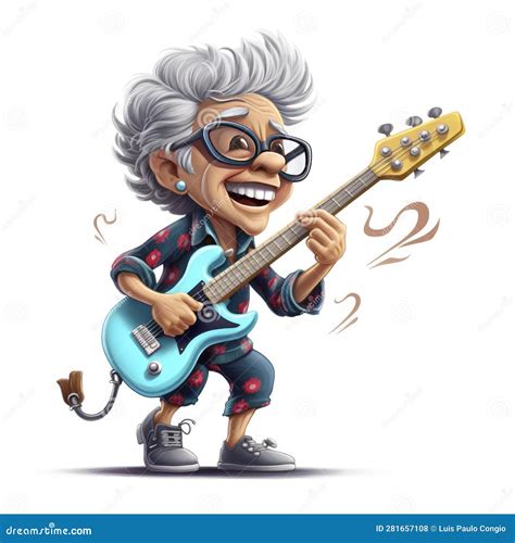 A Cartoon Grandma Playing Guitar With Glasses Stock Illustration