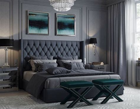 A grey bed frame that has a dark finish can be paired with a light grey accent wall or with other they play their own role in the design and they can either match the grey bed frame or they can contrast. Stunning modern style teal luxury bedroom decor with grey ...