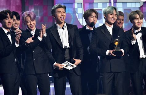 On stage at the 2019 grammy awards on sunday (february 10) at the staples center in los angeles. BTS makes history at the Grammys as first K-pop presenters ...