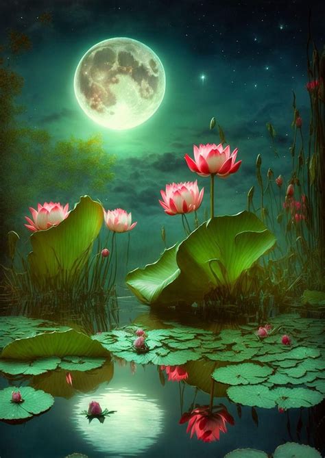 A Painting Of Water Lilies In Front Of A Full Moon