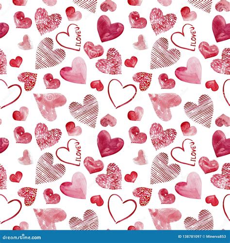 Happy Valentine`s Day Watercolor Hearts Background Illustration Seamless Pattern Stock