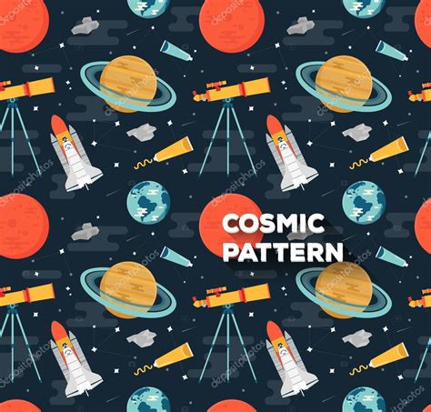 Vector Seamless Space Pattern In Flat Style Background With Planets Of