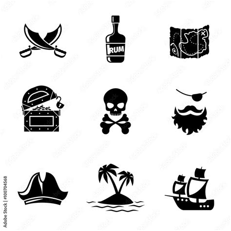 Pirates Icons Vector Set Skull And Ship Pirates Treasure Map Pirates