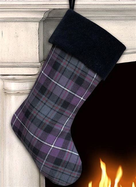 purple wool plaid christmas stocking with black velvet cuff etsy plaid christmas stockings