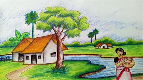 How To Draw A Village Scenery Step By Step Very Easy