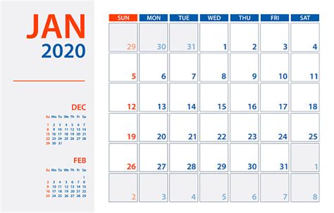 Janvier 2020 Calendrier Planificateur Illustration Vectorielle Modèle