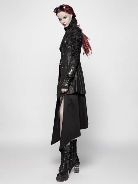 Black Long Sleeves Leather Gothic Trench Coat For Women Uk