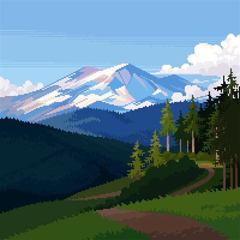 A Pixelated Landscape With Mountains And Trees In The Foreground