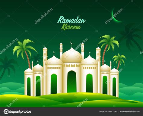 Ramadan Kareem Concept With Exquisite Mosque And Palm Trees On Green
