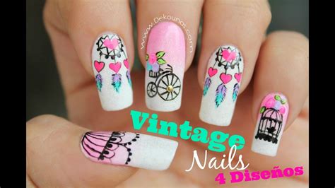 Uñas decoradas para niñas con caras divertidas. Decoración de uñas vintage 4 Diseños - Vintage nail art ...