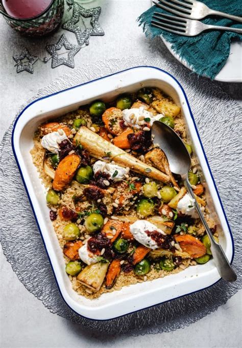 Roasted Leftover Vegetables With Couscous Tahini And Chilli Cranberry