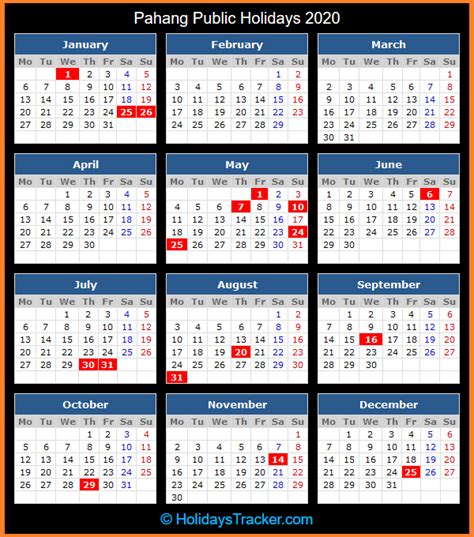 Comprehensive list of national public holidays that are celebrated in malaysia during 2019 with dates and information on the origin and meaning of holidays. Pahang (Malaysia) Public Holidays 2020 - Holidays Tracker