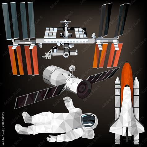 Space Set Colorful Astronaut Space Shuttle Space Station Low Poly Designs Isolated On Dark