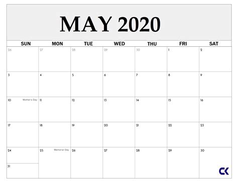Printable May 2020 Calendar Calendar Kart