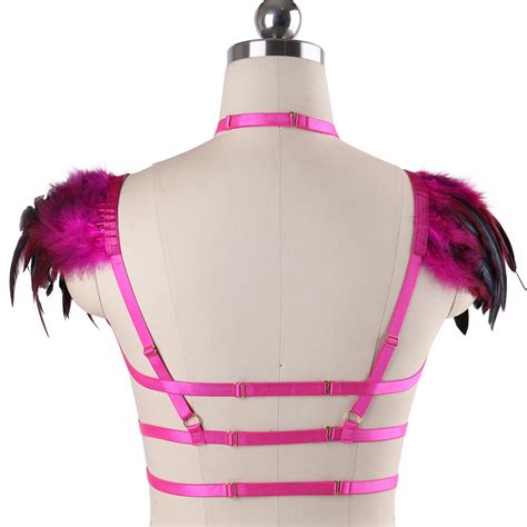 Rave Wear Feathers Epaulette Cage Bra Womens Feathers Gothic Body Harness Belt Best Crossdress