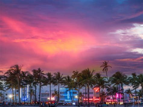 Palm Trees Line The Beach At Sunset With Colorful Lights In The Sky And