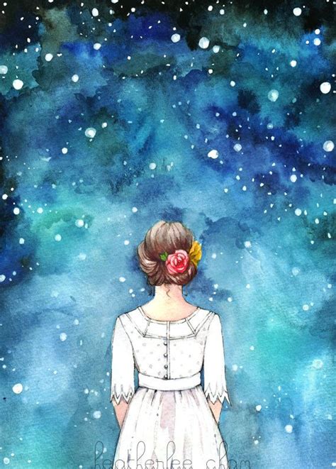 Starry Night Sky And Girl Watercolor Art Painting Print