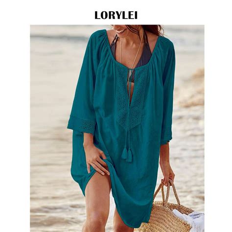 Plus Size Women Summer Beachwear Swimsuit Cover Up Beach Tunic Cotton Solid Blue Deep V Neck