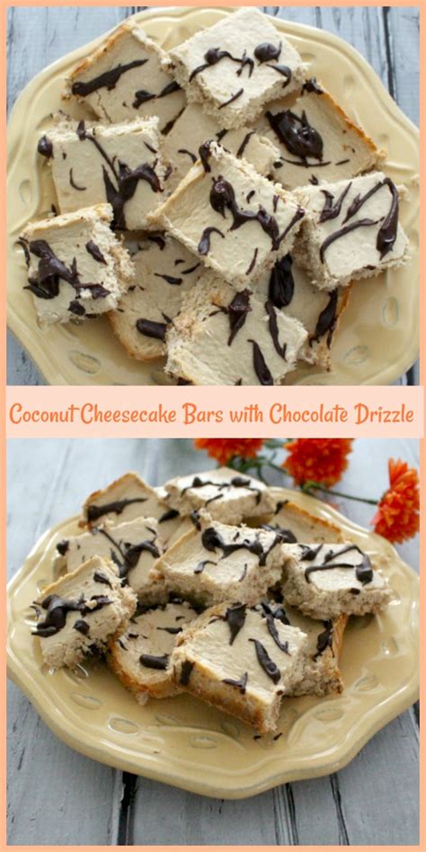 After your chocolate coconut cheesecakes have set in the refrigerator, take them out and gently run a knife around the edge of each cheesecake, and remove from the silicone molds so i compromised, chocolate coconut cheesecake. Coconut Cheesecake Bars with Chocolate Drizzle - Pams ...
