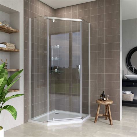Showers And Shower Parts Elegant 900x900mm Semi Frameless Pivot Pentagonal Shower Enclosure 8mm