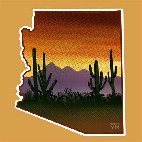 Arizona Print State Outline Cactus Mountains Etsy