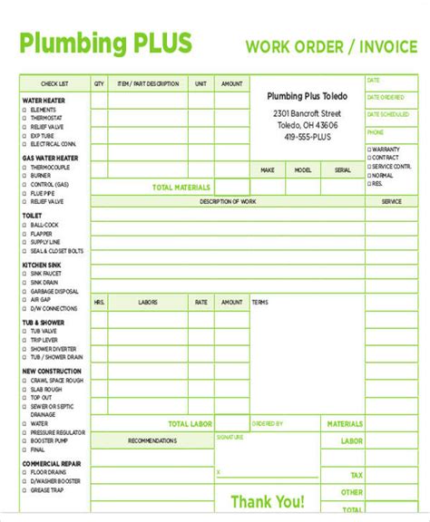 plumbing invoice templates   printable xlsx docs