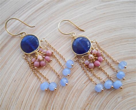Waterlily Gemstone Fringe Chandelier Earrings Blue Blush Pink Etsy