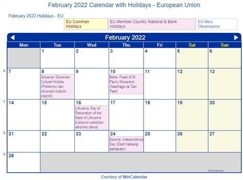 Print Friendly February 2022 Eu Calendar For Printing