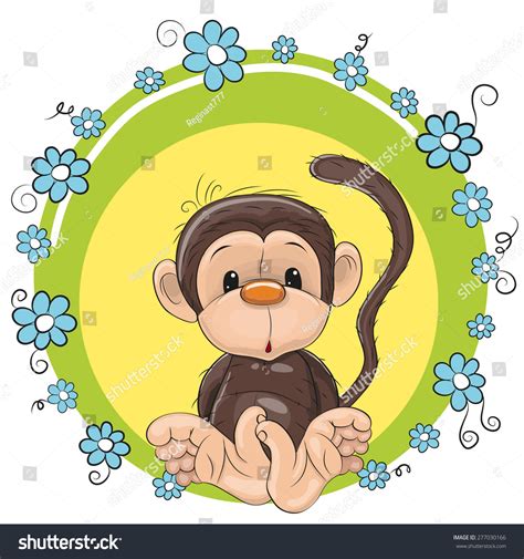 Greeting Card Cute Monkey Blue Flowers Vector De Stock Libre De