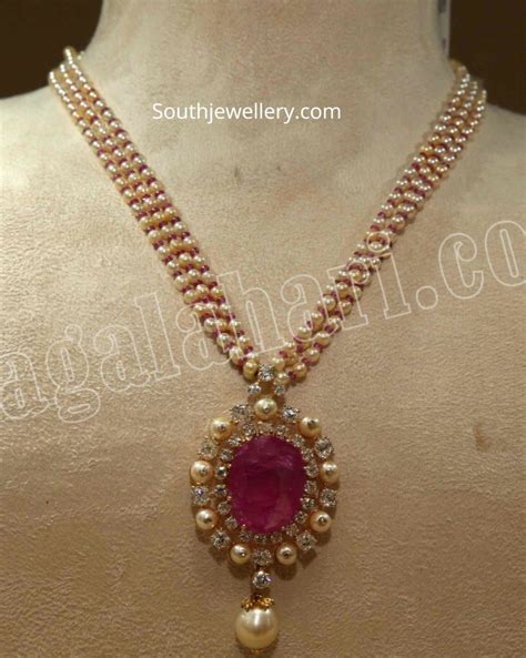 Pearl Necklace With Diamond Ruby Pendant Indian Jewellery Designs