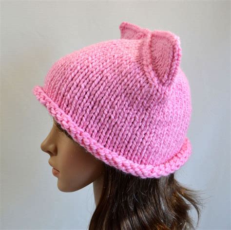 Pink Cat Hat Hand Knit Rolled Brim Hat Womans Etsy