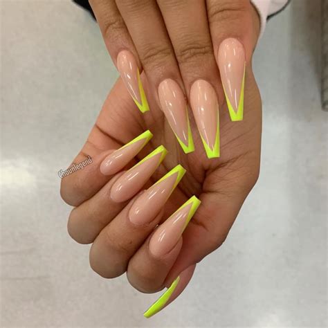 Neon French Tip Coffin Nails Short Madamee Classy