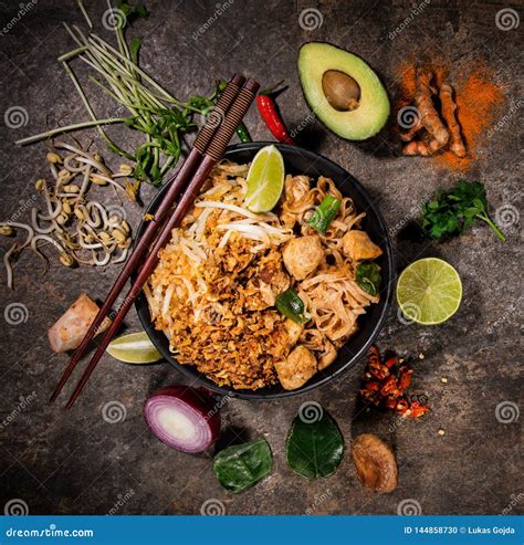 Pad Thay Asian Food Background With Various Ingredients On Rustic Stone