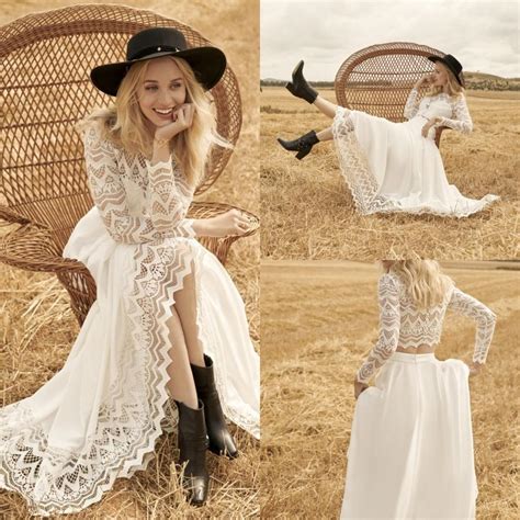 Unique Country Style Flowy Two Piece Lace Wedding Dress Boho Bridal