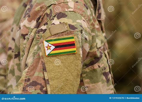 Zimbabwe Flag On Soldiers Arm Zimbabwe Troops Collage Stock Photo