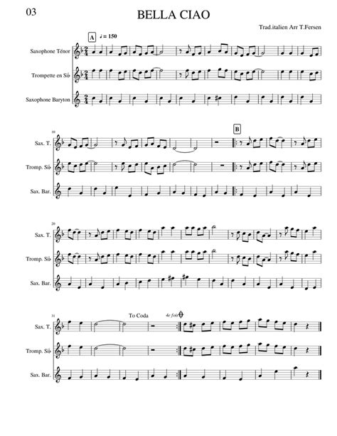 Bella Ciao Sheet Music For Saxophone Tenor Saxophone Baritone Trumpet