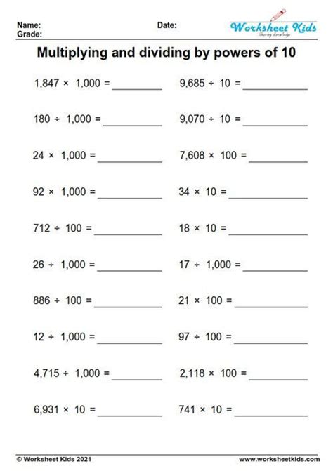 Powers Of 10 Worksheets Free Printable