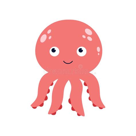 Flat Vector Illustration Of Cartoon Octopus Isolated On White Stock