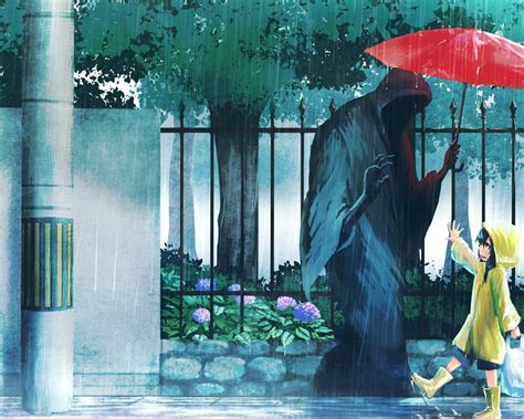 Wallpaper Shinigami Raining Coat Red Umbrella Anime Girl Raining