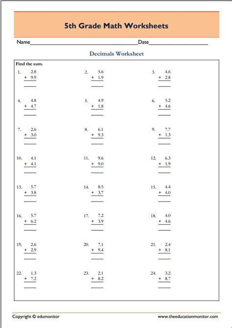 5th Grade Math Printouts