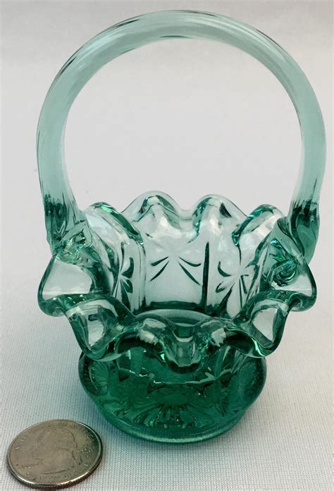 Lot Fenton Glass Small Green Basket W Applied Handle