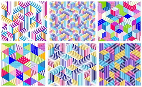 Seamless Isometric Lines Geometric Patterns Set 3d Cubes Vector Tiling