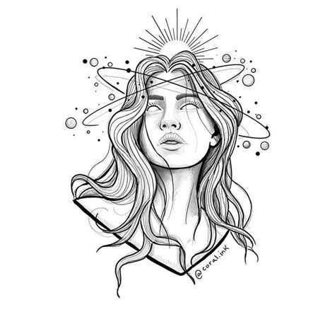 A Drawing Of A Womans Face With The Sun Above Her Head And Bubbles