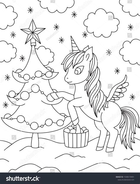 Merry Christmas Unicorn Coloring Hand Drawn Stock Vector Royalty Free