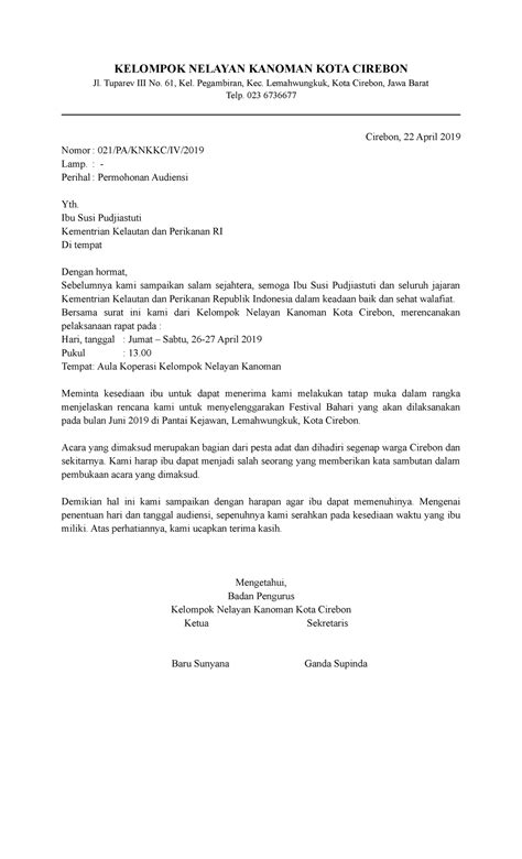 Contoh Surat Audiensi Ke Menteri Kelautan Kelompok Nelayan Kanoman
