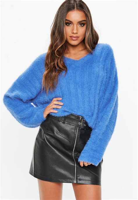 Blue Fluffy V Neck Sweater Missguided Mohair Sweater Sweater Coats