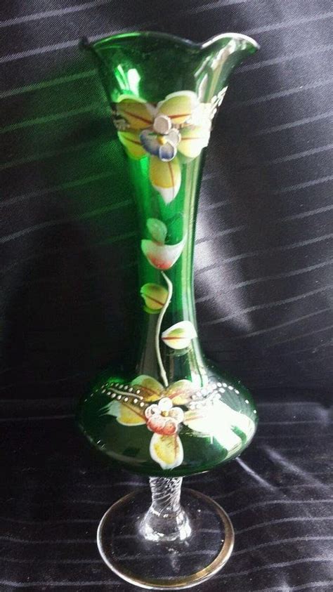 Czech Bohemian Vase Emerald Green Glass Bud Vase Hand Gilded Etsy Bud Vases Green Glass Vase