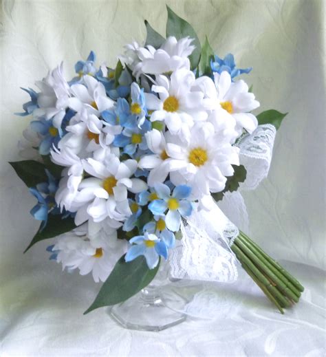 Daisy Bridal Bouquet White Daisy And Blue Cosmos Wedding Etsy