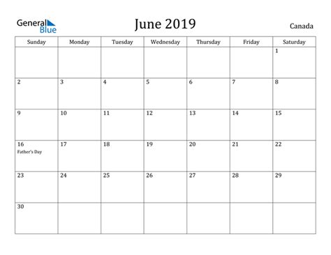 Canada June 2019 Calendar With Holidays