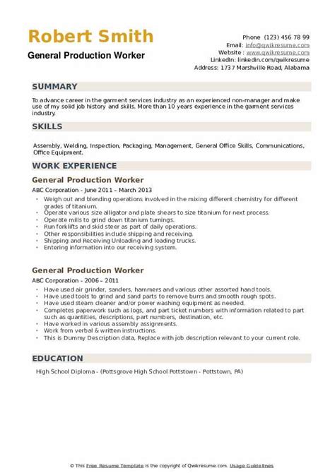 General Production Worker Resume Samples Qwikresume